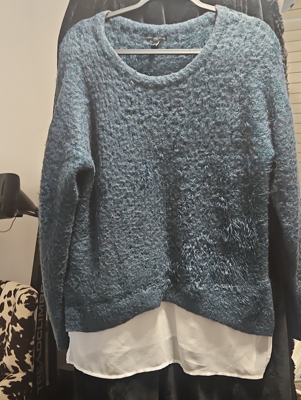 Signature Studio Teal Fuzzy Crewneck Sweater with White Layered Hem